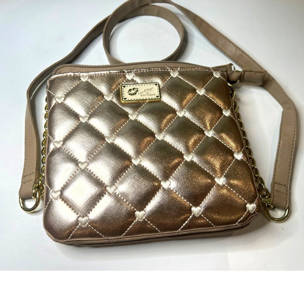 Luv Betsey Johnson rose gold quilted crossbody purse bag metallic hearts chain